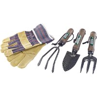 Gardening tool set with brown gloves, green-handled trowel, fork, and cultivator.