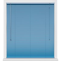Blue Dream window blinds with horizontal slats and white pull cords, framed by a white window casing.