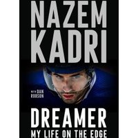 "Dreamer book by Nazem Kadri, featuring a close-up of Kadri in a hockey helmet on the cover."