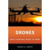 Black quadcopter drone silhouette flying at sunset, orange and black cover with title "Drones" by Sarah E. Kreps.
