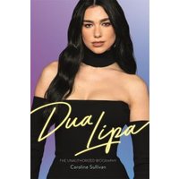 "Dua Lipa book with purple gradient cover, featuring a portrait of a woman in a black outfit and yellow signature text"