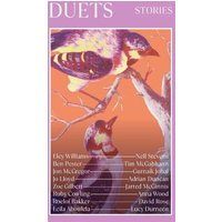 "Duets book cover with birds on branches, purple border, and author names listed below in white text"