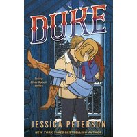 "Duke book cover featuring a couple embracing, man in a tan jacket and woman in a red sweater and cowboy hat"