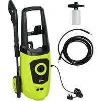 Green and black Durhand high-pressure washer with hose, spray gun, and detergent bottle attachment.