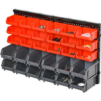 Red and grey wall-mounted tool organizer with 30 compartments by DURHAND, featuring removable bins and a sturdy backplate.