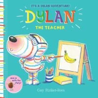 "Dylan the Teacher children's book with colorful striped dog painting a banana on an easel."