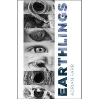 "Earthlings book cover with black and white animal eye collage and blue text"