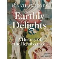 "Earthly Delights book with Renaissance art cover, featuring mythical figures and vibrant colors"