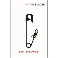 "Earthly Powers book cover with black safety pin illustration on white background, red and black text"