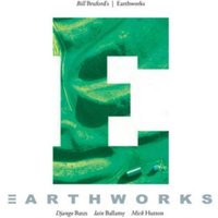"Earthworks album cover with large green letter 'E' on white background, featuring abstract textures and patterns"