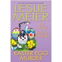 "Easter Egg Murder" book cover with colorful eggs, bunny, and yellow chicks on purple background.