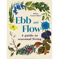 "Ebb and Flow book cover with colorful botanical illustrations and bold blue title text"