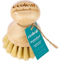 Bamboo palm dish washing brush with rounded handle, natural bristles, and branded tag attached with twine.