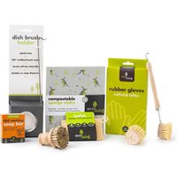 EcoLiving Cleaning Starter Set with wooden brushes, compostable sponges, rubber gloves, and soap bar in eco-friendly packaging.