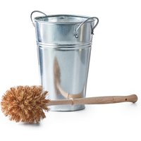 Wooden-handled toilet brush with natural bristles and a silver metal holder resembling a small bucket.