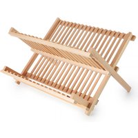 Wooden dish drainer by ecoLiving with two-tier slatted design and foldable frame.