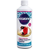 White Ecozone Coffee Machine Cleaner bottle with blue cap, red coffee machine graphic, and purple logo.