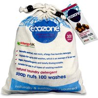 Ecozone Soap Nuts in a beige drawstring bag with blue and red text, labeled for 100 washes, 300g.