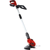 Red and black Einhell cordless grass strimmer with adjustable handle, 18V battery, and 24cm cutting width.