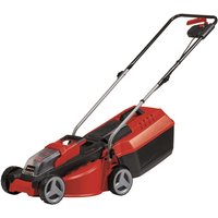 Red and black Einhell cordless lawn mower with adjustable handle and large rear wheels.