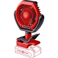 Red Einhell cordless air fan with brushless motor, circular grille, and adjustable stand, compatible with Power X-Change.