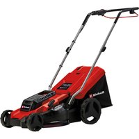 Red and black Einhell corded electric rotary lawnmower with 37cm cutting width and adjustable handle.