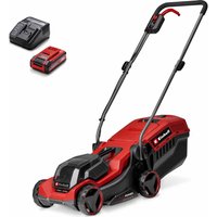 Red and black Einhell cordless lawnmower with 18v battery, brushless motor, and 300mm cutting width.