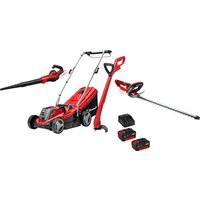 Red and black Einhell cordless lawnmower, blower, grass and hedge trimmer with batteries and charger.