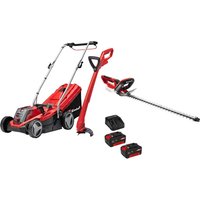 Red and black Einhell cordless lawnmower and trimmer kit with two batteries and a charger.