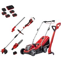 Red and black Einhell cordless lawnmower, grass trimmer, and multi-tool kit with batteries and chargers.