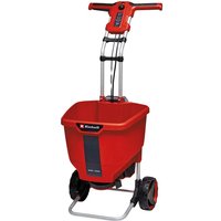 Red Einhell cordless multi-purpose spreader with black wheels, adjustable handle, and large hopper.