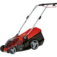Red and black Einhell cordless lawn mower with 36cm cutting width, adjustable handle, and large rear wheels.