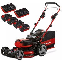 Red and black Einhell self-propelled lawnmower with 47cm deck, adjustable handle, and four 18V batteries.