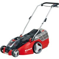 Red and black Einhell cordless lawnmower with 43cm cutting width, dual 4Ah batteries, and ergonomic handle.