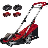 Red and black Einhell cordless lawnmower with 34cm blade, two 3Ah batteries, charger, and adjustable handle.