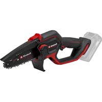 Red and black Einhell cordless brushless pruning chainsaw with ergonomic handle and visible battery compartment.
