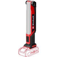 Red and black Einhell cordless LED work light with a slim vertical design and adjustable head, battery not included.