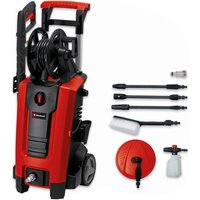 Red and black Einhell pressure washer with hose reel, wheels, and various nozzles and accessories.