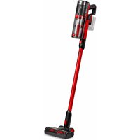 Red and black Einhell cordless stick vacuum with brushless motor and transparent dust container.