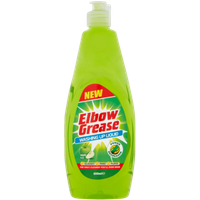 Green Elbow Grease Apple Dishwashing Liquid bottle, 600ml, with a flip-top cap and apple graphics on the label.