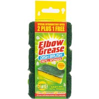 Elbow Grease Dish Brush Refill 3 Pack with green scouring pads and yellow sponge center in yellow packaging.