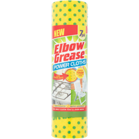 Yellow Elbow Grease Power Cloths roll with green polka dots, 7 pieces, labeled for tough cleaning tasks.