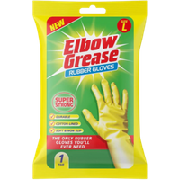 Yellow Elbow Grease Rubber Gloves package with red and white text, showing a large yellow glove image.