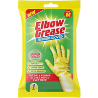 Yellow Elbow Grease Rubber Gloves packaging with red and green text, showing a yellow glove image, size medium.