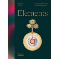 "Elements book by Stephen Ellcock with a tree illustration on dark cover, featuring geometric symbols and colorful gradient."