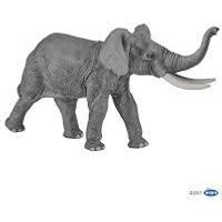 Gray elephant figurine with raised trunk, detailed skin texture, and prominent tusks, standing on four legs.