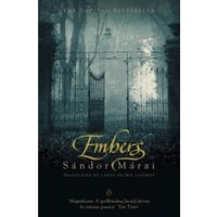 "Embers book by Sándor Márai, dark cover with ornate gate and misty forest background, gold and white text"