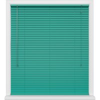 Emerald green horizontal window blinds with pull cord and white frame.
