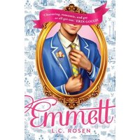 Book cover of "Emmett" by L.C. Rosen featuring a man in a blue suit adjusting a yellow tie, framed in an ornate oval.