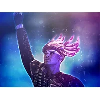 Colorful "Empire Of The Sun" album cover with a figure wearing a feathered headdress and futuristic attire.